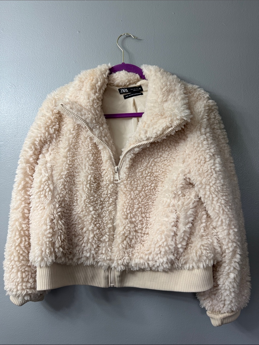 Zara collection beige faux fur collared zip up teddy jacket large